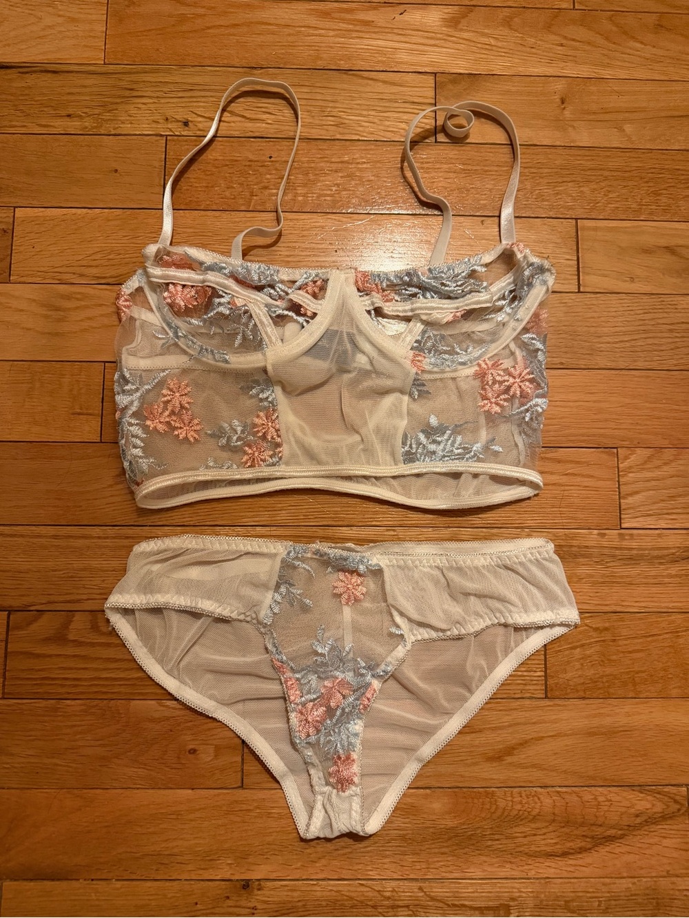 Sheer Embroidered Lace Lingerie Set - Cream with Pink & Blue Floral